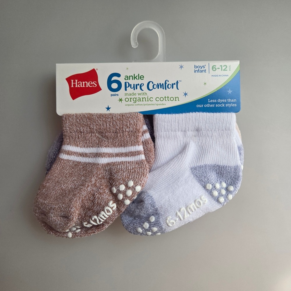 Hanes Pure‎ Comfort Infant Boys Ankle Socks 6 Pairs Organic Cotton 6-12 Months